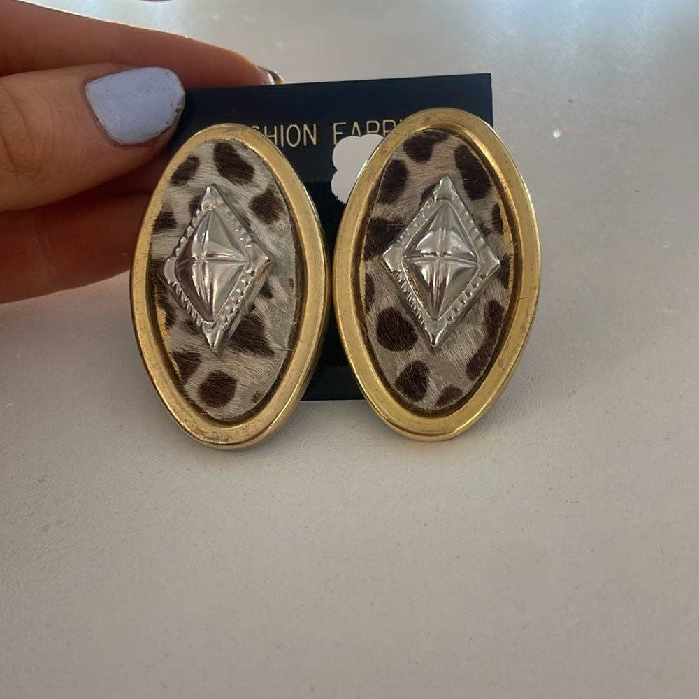 Vintage silver and gold, leopard print fur clip on earrings